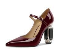 EDEFS Mary Jane Pumps - Piel de charol para mujer con tacón de bloque de 9 cm con brillantes brillantes y adornos en punta perfecta para bodas, galas y eventos de alfombra roja, burdeos, 39 EU