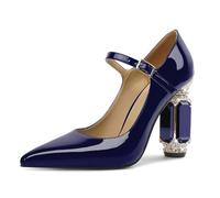 EDEFS Mary Jane Pumps - Piel de charol para mujer con tacón de bloque de 9 cm con brillantes brillantes y adornos en punta perfecta para bodas, galas y eventos de alfombra roja, azul marino, 44 EU