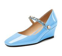 EDEFS Mary Jane - Zapatos para mujer, tacón de cuña, punta cuadrada con cierre de , cómodos, zapatos de moda, oficina, fiesta, boda, azul, 40 EU