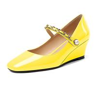 EDEFS Mary Jane - Zapatos para mujer, tacón de cuña, punta cuadrada con cierre de , cómodos, zapatos de moda, oficina, fiesta, boda, amarillo, 40 EU
