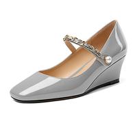 EDEFS Mary Jane - Zapatos para mujer, tacón de cuña, punta cuadrada con cierre de , cómodos, zapatos de moda, oficina, fiesta, boda, gris, 40 EU