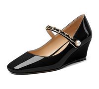EDEFS Mary Jane - Zapatos para mujer, tacón de cuña, punta cuadrada con cierre de , cómodos, zapatos de moda, oficina, fiesta, boda, Negro , 40 EU