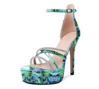 EDEFS Mujer Sandalias Plataforma Stiletto Zapatos de tacón alto Dedo abierto Rhinestone Tacones altos, Flor Verde, 43 EU