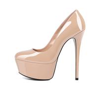 EDEFS Scarpe Donna Plateau in Vernice Punta Tonda con Tacco a Spillo 15 cm/ 6 Pulgadas Versatili per Ufficio Festa Matrimonio Uso Giornaliero Beige Charol EU38