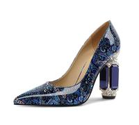EDEFS Zapatos de mujer de charol con tacón de bloque de 9 cm, brillantes de cristal, adornos puntiagudos, deslizamiento, ideal para bodas, galas y eventos de alfombra roja, Flor azul., 37 EU