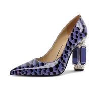 EDEFS Zapatos de mujer de charol con tacón de bloque de 9 cm, brillantes de cristal, adornos puntiagudos, deslizamiento, ideal para bodas, galas y eventos de alfombra roja, Purpura brillante, 37 EU