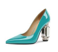 EDEFS Zapatos de mujer de charol con tacón de bloque de 9 cm, brillantes de cristal, adornos puntiagudos, deslizamiento, ideal para bodas, galas y eventos de alfombra roja, turquesa, 37 EU