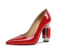 EDEFS Zapatos de mujer de charol con tacón de bloque de 9 cm, brillantes de cristal, adornos puntiagudos, deslizamiento, ideal para bodas, galas y eventos de alfombra roja, rojo, 37 EU