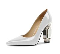 EDEFS Zapatos de mujer de charol con tacón de bloque de 9 cm, brillantes de cristal, adornos puntiagudos, deslizamiento, ideal para bodas, galas y eventos de alfombra roja, Blanco, 37 EU