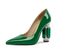 EDEFS Zapatos de mujer de charol con tacón de bloque de 9 cm, brillantes de cristal, adornos puntiagudos, deslizamiento, ideal para bodas, galas y eventos de alfombra roja, verde, 37 EU