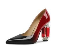 EDEFS Zapatos de mujer de charol con tacón de bloque de 9 cm, brillantes de cristal, adornos puntiagudos, deslizamiento, ideal para bodas, galas y eventos de alfombra roja, negro rojo, 37 EU