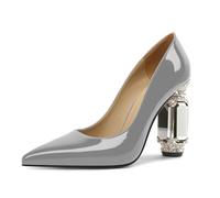 EDEFS Zapatos de mujer de charol con tacón de bloque de 9 cm, brillantes de cristal, adornos puntiagudos, deslizamiento, ideal para bodas, galas y eventos de alfombra roja, gris, 37 EU