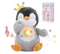 Edencomer Peluche Que Respira, Bebe Dormir Peluche Respiras Ansiedad, Stitch Que Respira con Música Luces Movimientos De Respiración, Juguete para Bebés Recién Nacidos Niñas y Niños (Pingüino Gris)