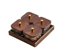 edfttgyu Divided Fruit and Snack Serving Tray with,Square Glass Snackle Box,with Walnut Wooden Lids and Tray,for Party, Candy Jars, Cookies, Nuts, Fruits and Snack Box(Four grids)