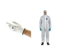 EDGE 76-200 Multiusos Guante, Sin Costuras para Uso Largo y Cómodo,Ambidiestros y Lavarse, Blanco, Talla L (12 Pares)+ AlphaTec 1500 Model 138, Mono de Trabajo Desechable, Protección Quimica Tipo 5/6