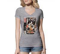 Edgy Streetwear Ramen Cat Aesthetic Urban Retro Art Tuxedo Cat Camiseta De Mujer Cuello En V Gris Size S