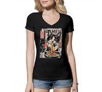 Edgy Streetwear Ramen Cat Aesthetic Urban Retro Art Tuxedo Cat Camiseta De Mujer Cuello En V Negra Size XXL