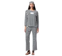 Edhomenn Conjunto de disfraz de prisionero de Halloween para mujeres adultas, camiseta de manga larga a rayas, pantalón largo, sombrero, pijama de 3 piezas, ropa de descanso, ropa de cosplay de cárcel