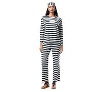 Edhomenn Conjunto de disfraz de prisionero de Halloween para mujeres adultas, camiseta de manga larga a rayas, pantalón largo, sombrero, pijama de 3 piezas, ropa de descanso, ropa de cosplay de cárcel