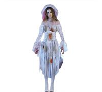 Edhomenn Conjunto de disfraz victoriano de novia fantasma para mujer, vestido de corsé de novia cadáver y velo con cabeza floral, 2 piezas para Halloween (02, blanco, S)