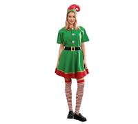 Edhomenn Disfraz de elfo de Navidad para padres e hijos, 4 piezas, disfraz de elfo de Papá Noel, pantalones de vestir con sombrero, cinturón y calcetines (mujer, S)