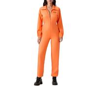 Edhomenn Disfraz de prisionero de Halloween para mujeres y hombres, mono con estampado de números, traje de caldera de cárcel, trajes de cosplay para adultos (01 naranja mujer, M)