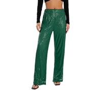 Edhomenn Pantalones largos de pierna ancha con lentejuelas para mujer, cintura alta, elásticos, con purpurina, para fiestas, clubes, verde, M