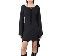 Edhomenn Vestido largo de Halloween con capucha para mujer, vestido de bruja de color sólido, manga larga, disfraz de murciélago de Halloween (05, negro, L)