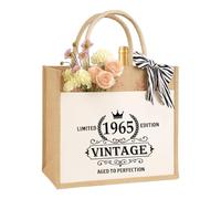 Edición limitada de regalo de cumpleaños para mujeres, madres y novias Vintage Sostenible Yute Bolsa de regalo Bolsa de yute Bolsa de compras 100% yute y algodón, 60 cumpleaños, medium