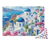 Edificios Mediterráneos Puzzle de 1000 Piezas Papel Cúpulas Azules Puzzle para Adultos Familia Relajación Decoración 70x50cm/1000pcs