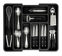 edihome, Organizador Cubiertos, Cubertero para Cajon, Bandeja de Cuberteria Extensible, con 6 a 8 Compartimentos, BPA Free, Ajustable, Utensilios de Cocina (Negro)