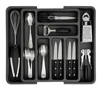 edihome, Organizador Cubiertos, Cubertero para Cajon, Bandeja de Cuberteria Extensible, con 6 a 8 Compartimentos, BPA Free, Ajustable, Utensilios de Cocina (Gris)