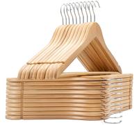 edihome, Perchas Madera, Pack de 20 ó 50, Acabado Liso y Barnizado, para Organizar Ropa, Gancho Giratorio 360, Ranuras para Hombros, de Madera Maciza (Natural, 20 Unidades)