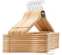 edihome, Perchas Madera, Pack de 20 ó 50, Acabado Liso y Barnizado, para Organizar Ropa, Gancho Giratorio 360, Ranuras para Hombros, de Madera Maciza (Natural, 50 Unidades)