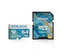 Ediloca Tarjeta micro SD de 64 GB, tarjeta de memoria con adaptador SD, velocidad de lectura de hasta 100 MB/s, tarjeta UHS-I TF para grabación de video 4K, compatible con smartphone, cámara de
