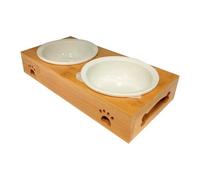 Edipets, Comedero Perro Gato, Bebedero Perro Gatos, Madera, Plato Simple, Doble, Triple Extraíble de Cerámica o Acero Inoxidable, Base de Bambú Antideslizante (Cerámica, Doble)