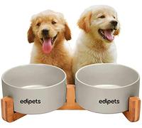 Edipets, Comedero Perro Gato, 400, 800 y 1900 ml, Cerámica, Individual y Doble, Soporte de Bambú Antideslizante, Pequeño Mediano y Grande, 5 Colores (Doble Mediano, Gris)