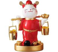 EdirFtra Figura de Gato de la Suerte Chino, Estatua de Dios de la Riqueza Feng Shui Maneki Neko, Decoración para el Hogar de Resina Pintada a Mano en Rojo y Dorado para Éxito y Dinero, 18.5 cm