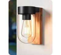 EDISHINE Aplique de pared exterior con cristal transparente, aluminio antioxidante efecto madera, IP44, casquillo E27, lámpara de pared para terraza, toldo y jardín, 20×8,2×13,5 cm, bombilla no