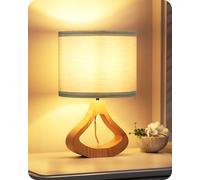 EDISHINE Lámpara de Mesita de Noche, Lámpara de Mesa con Pantalla de Lino Verde y Base de Madera Natural, Casquillo E27, Bombilla LED de 2700K Incluida, para Sala de Estar, Dormitorio y Oficina