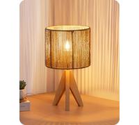 EDISHINE Lámpara de Mesita de Noche, Lámpara de Mesa con Pantalla de Lino Verde y Base de Madera Natural, Casquillo E27, Bombilla LED de 2700K Incluida, para Sala de Estar, Dormitorio y Oficina