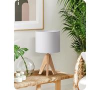 EDISHINE Lámpara de Mesita de Noche Madera, Pantalla de Lino, Blanco