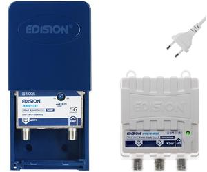 EDISION MAK-100 Kit: Amplificador Antena TV de mástil 1UHF, 10-25db, 107dBmV, 24V, para Digital Terrestre DVB-T/T2, con Filtro 5G LTE, + Fuente de Alimentación 24V 200mA F 2 Salidas