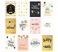 Edition Seidel Juego de 12 tarjetas de cumpleaños con relieve dorado y sobre. Tarjeta de felicitación, tarjeta de felicitación de cumpleaños, tarjeta de cumpleaños para hombre y mujer