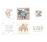 Edition Seidel lote de 6 tarjetas cuadradas de nacimiento con sobre. Tarjeta formato cuadrado texto en alemán bienvenido bebé niño niña (SW026)