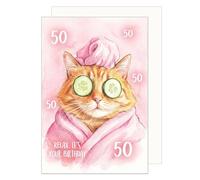 Edition Seidel Premium tarjeta de cumpleaños con sobre. Tarjeta de felicitación plegable con mensaje en inglés Happy 50th Birthday para hombre mujer amigos gato bienestar spa (G4358 SW026)
