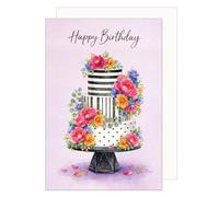 Edition Seidel Premium tarjeta de cumpleaños con sobre. Tarjeta de felicitación plegable con mensaje en inglés Happy Birthday para hombre y mujer amigos cake flowers elegante (G4251 SW026)