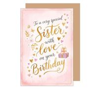 Edition Seidel Premium Tarjeta de felicitación de cumpleaños con sobre, tarjeta de felicitación, tarjeta plegable con texto en inglés "Happy Birthday", hermana, amor, flores, corazones, rosa (G4349