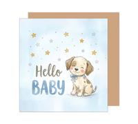 Edition Seidel Premium tarjeta de nacimiento cuadrada con sobre. Tarjeta mensaje en inglés Hello Baby bienvenido niño cachorros estrellas (EQ201 SW026)