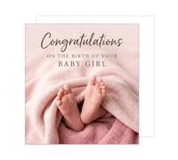 Edition Seidel Premium tarjeta de nacimiento cuadrada con sobre. Tarjeta mensaje en inglés Hello Bienvenido Baby Girl pequeño milagro piecitos (EQ178 SW026)